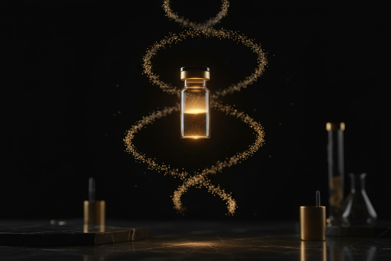 Private biotech laboratory aesthetic, black background, gold glowing 10mg peptide vial floating in soft light in the upper middle portion with translucent gold dna floating about, minimal, ultra-clean, high-end luxury science style, subtle depth of field, negative space
